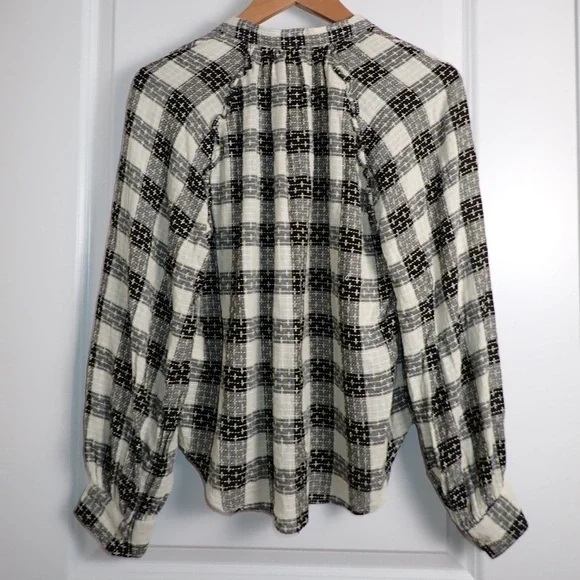 Anthropology Pilcro Breezy Button down Black Motif Long Sleeve top plaid size LP - Picture 2 of 11